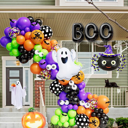 CboDeco Halloween Balloon Garland Arch Kit 144PCS with Ghost Pumpkin Spider BOO Foil Balloon Black Orange Green Purple Balloons for Halloween Decorations Balloons Party Supplies