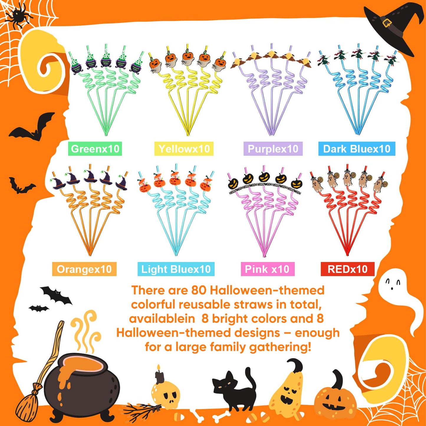 Potchen 80 Pcs Halloween Party Favors Straws Reusable Plastic Straws for Halloween Pumpkin Ghost Witch for Party Favors Supplies Birthday Decoration