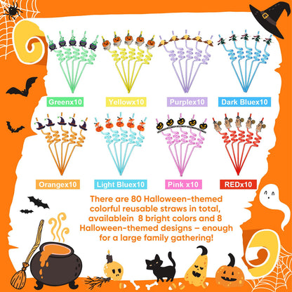 Potchen 80 Pcs Halloween Party Favors Straws Reusable Plastic Straws for Halloween Pumpkin Ghost Witch for Party Favors Supplies Birthday Decoration