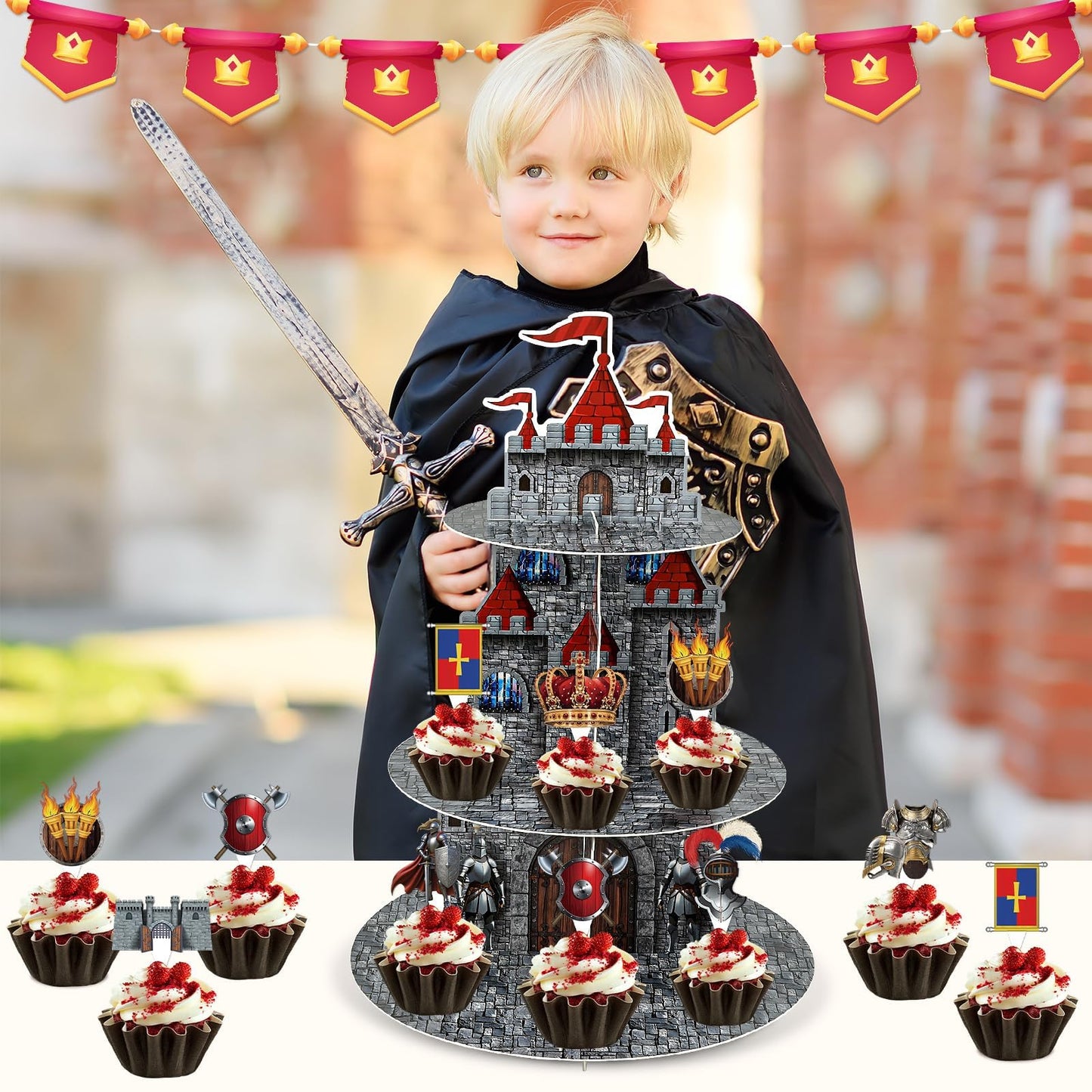 3 Tier Medieval Castle Cupcake Stand Decor with 24 Cake Toppers Knight Birthday Party Decorations Medieval Theme Dessert Cardboard Stand Tower Castle Cupcake Holder for Boys Baby Shower Supplies