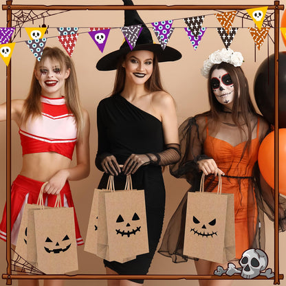 Yexiya 48 Pieces Kraft Halloween Paper Gift Bags Bulk Pumpkin Treat Bags with Handle Kraft Gift Wrap for Halloween Party Favor Supplies