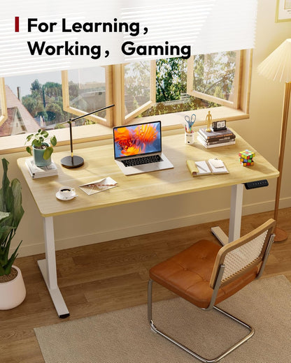 SANODESK Electric Standing Desk 48 x 24 Inches Whole-Piece Desktop Height Adjustable Stand Up Desk w/6-Button Controller Ergonomic Computer Desk for Home Office, White Frame + Natural Tabletop