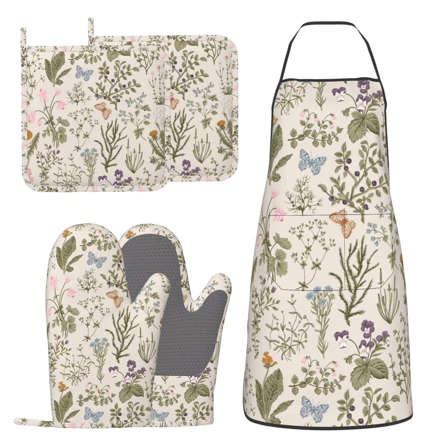 HEROARMOUR Vintage Wildflower Herbs Floral Rustic Butterfly Oven Mitts Pot Holders Cooking Apron Set of 5 Silicone Kitchen Glove Apron Non-Slip Heat Resistant for Chef Baking Cooking Grilling BBQ