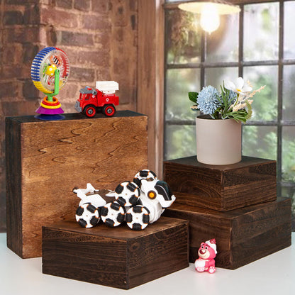 WEASATRY 4 pieces wooden cake stands,antique brown cupcake stands for display,12 inches square wooden crates ,wood display risers for wedding,birthday party,Christmas,etc. (Antique Brown)