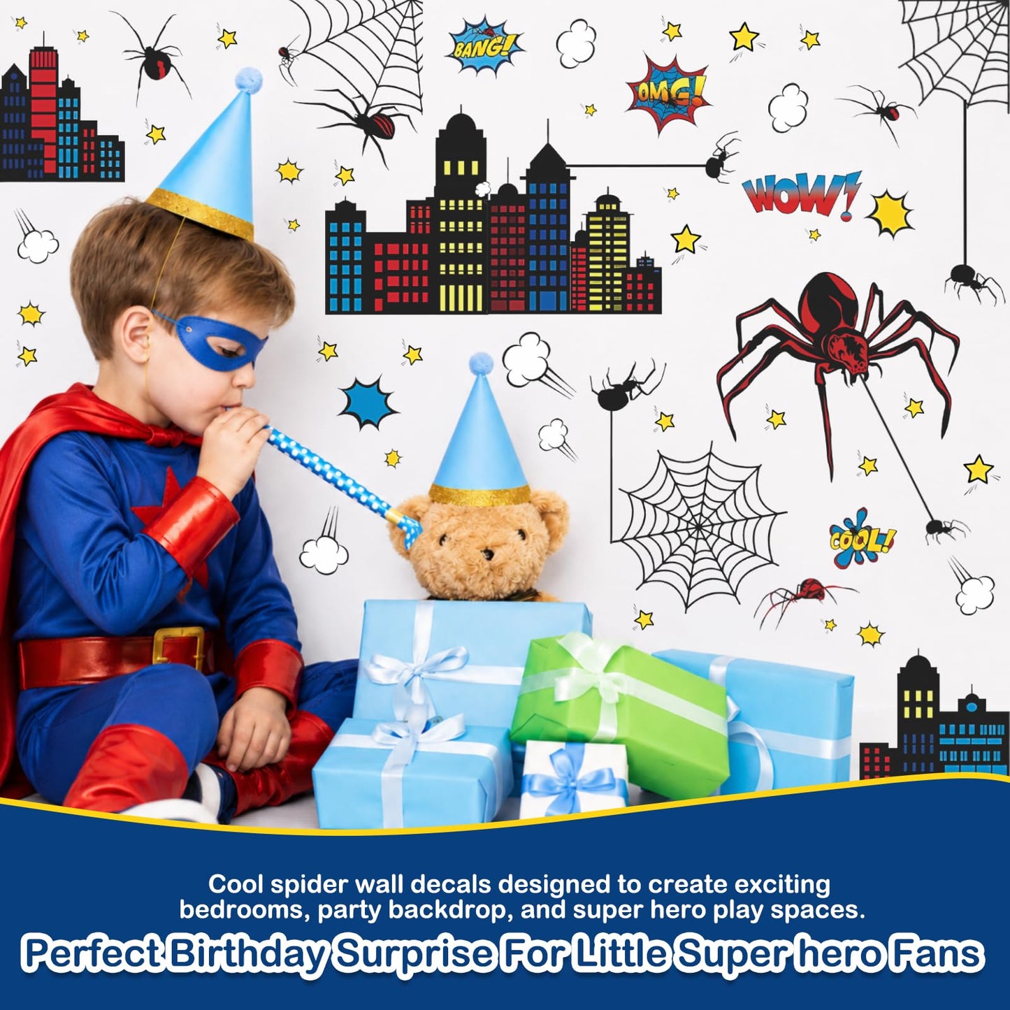 Superhero Wall Decor, Hero City Building Stars Stickers for Kids Boys, 70 Piece UV PVC DIY Removable Reusable Cartoon Stickers for Toddler Nursery, Bedroom, Playroom