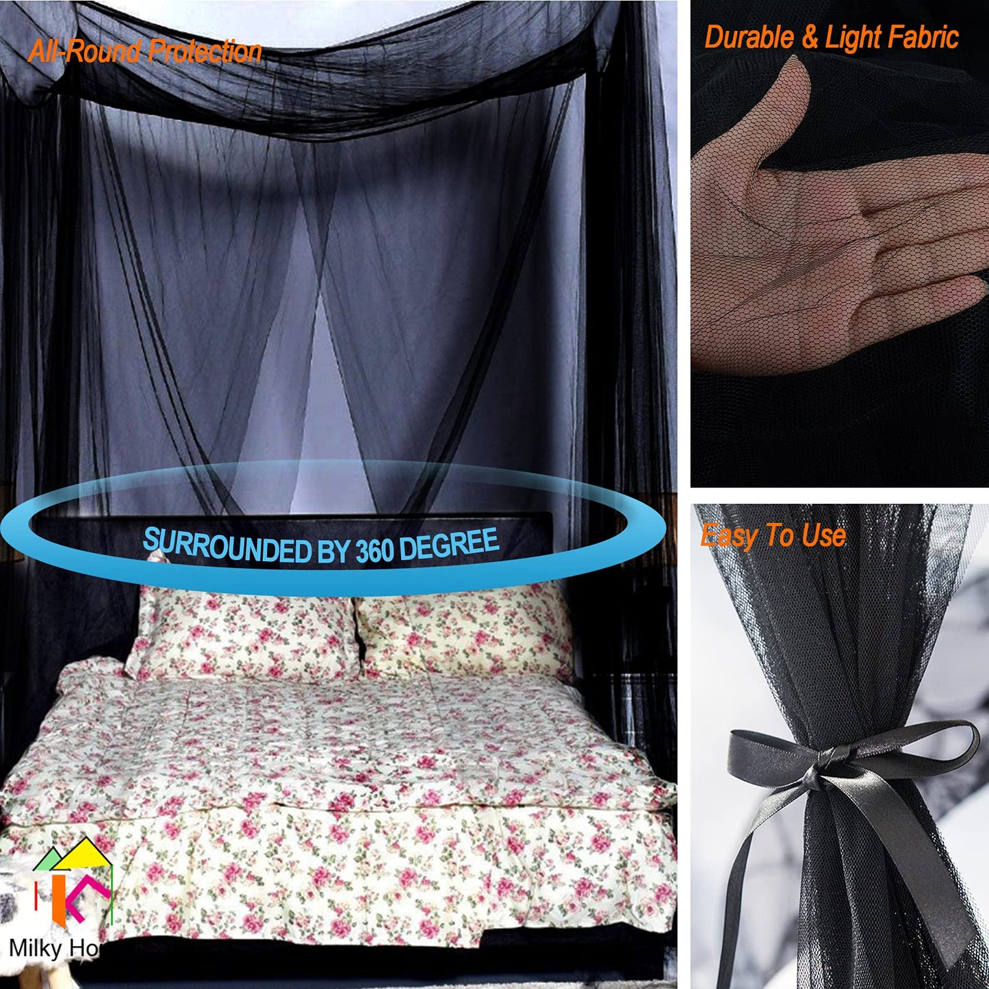 Mesh Bed Canopy Black Canopy Bed Frame Queen Canopy Bed Tents for Girls Canopy Poles for Toddler Bed, King Twin Full Size Canopy Bed for Adults Bedroom Kids Room Camping Lights Screen Netting Curtains