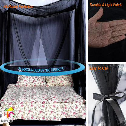 Mesh Bed Canopy Black Canopy Bed Frame Queen Canopy Bed Tents for Girls Canopy Poles for Toddler Bed, King Twin Full Size Canopy Bed for Adults Bedroom Kids Room Camping Lights Screen Netting Curtains