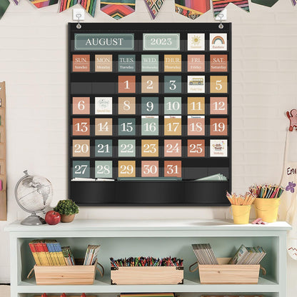 Godery Boho Calendar Pocket Chart for Classroom Cards Add-On School Supplies Teacher Decorations Bulletin Board Pre-K To 6th Grade, Black-2