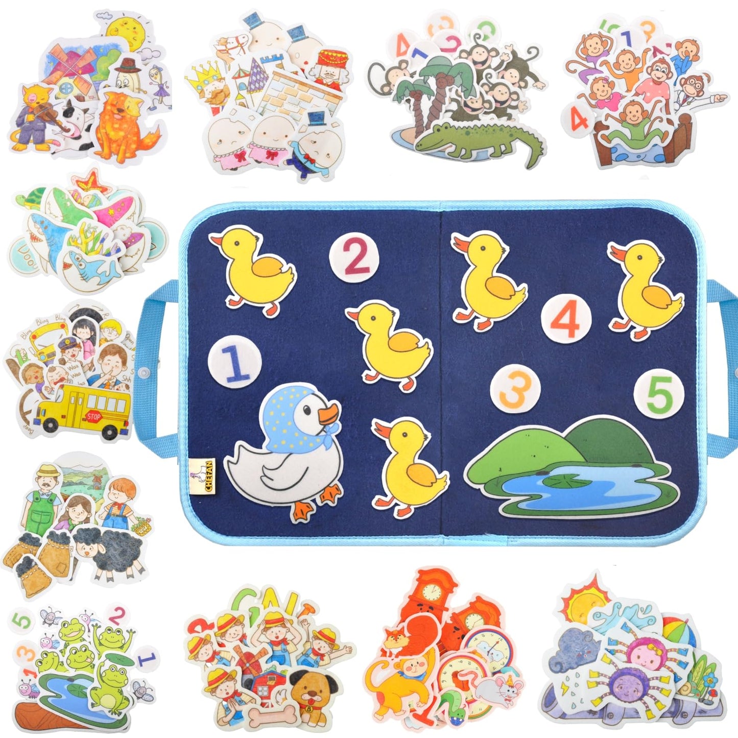 CHEFAN 12 Pack Felt Storyboard Pieces for Toddler, Flannel Board Stories for Preschool Activities, 5 Little Duck and 11 Other Stories