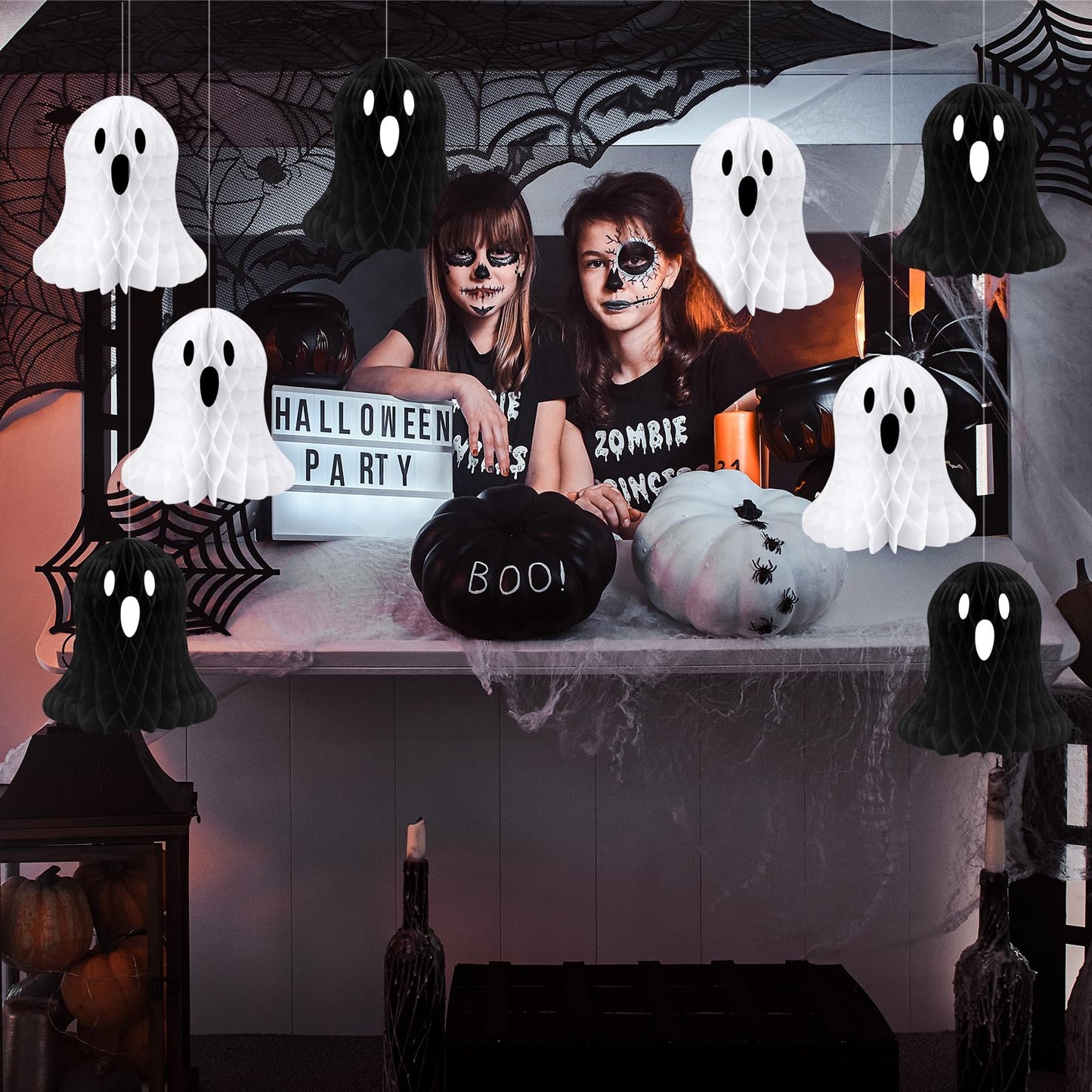 10 PCS Halloween Ornaments Hanging Cute White Black Ghost Honeycomb Decoration Halloween Tree Decorations Paper Ghost Table Decor for Home Office Classroom Holiday Party Supplies