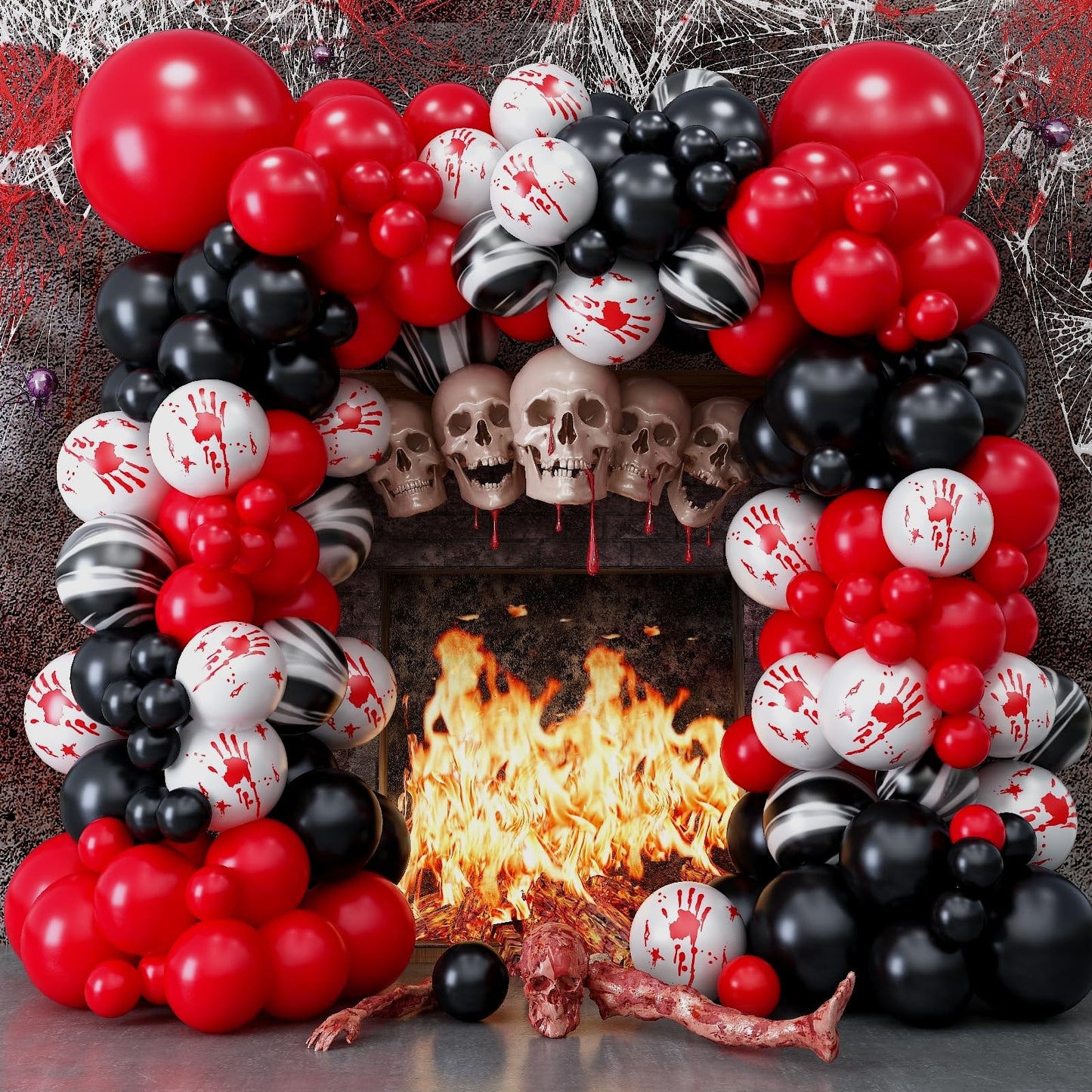 Halloween Balloons Garland Arch Kit, 125 PC Red Black Scary Balloons with Marble Bloody Hand Prints, Horror Decorations for Scream Creepy Gothic Halloween