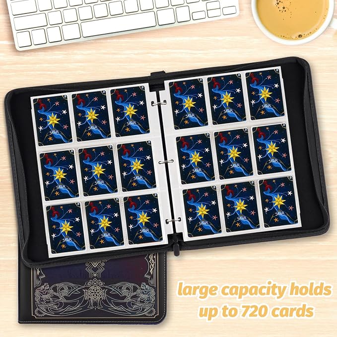 720 Pockets Round Ring Trading Card Binder, 9-Pocket Clear Zipper Card Album with Wrist Strap, Holds 720 Standard TCG Cards Compatible with Sports Baseball Football Game Cards (Black Purple)