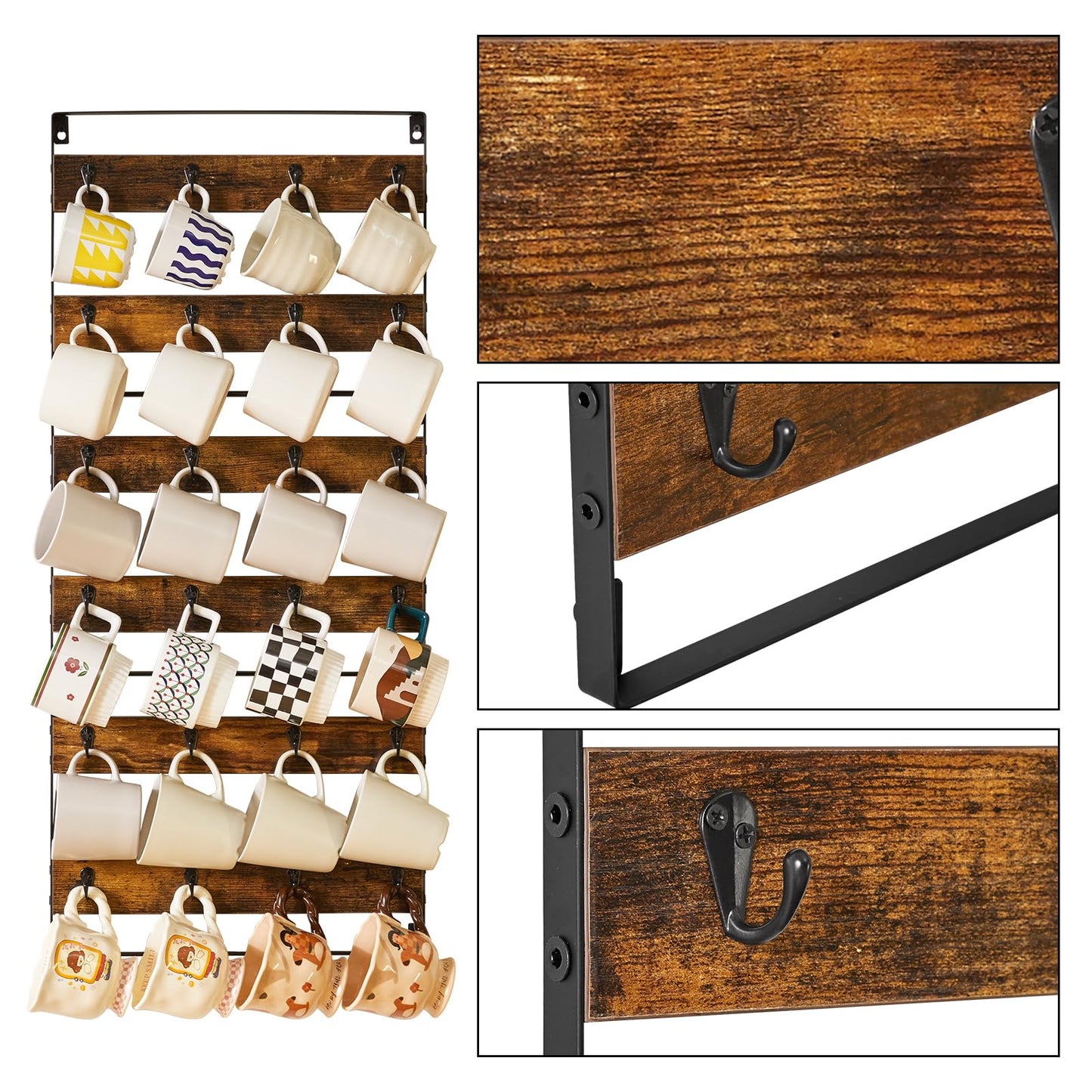 IBUYKE Mug Racks for Wall,Set of 3, 24-Hook Large Coffee Mug Holder Wall Mounted, Rustic Wood Coffee Mug Rack Display Organizer for Kitchen, Home,Bar, Coffee Station,Rustic Brown TBJ005H-3