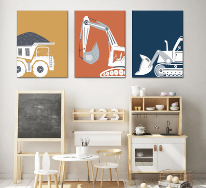 3 Pcs Construction Truck Nursery Canvas Wall Art Excavator Dump Truck Tractor Painting Picture Wall Decor Poster Print Artwork Kids Room Boys Room Baby Room Home Decoration