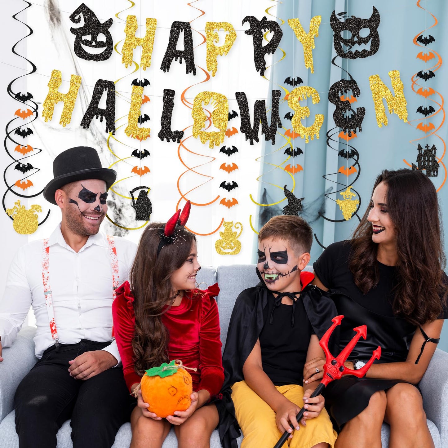 SHERONV Halloween Party Decorations, Black Gold Glitter Happy Halloween Banner, Pumpkin Ghost Bats Decorations, Hanging Swirls for Home Office Indoor Outdoor Party Event Decors