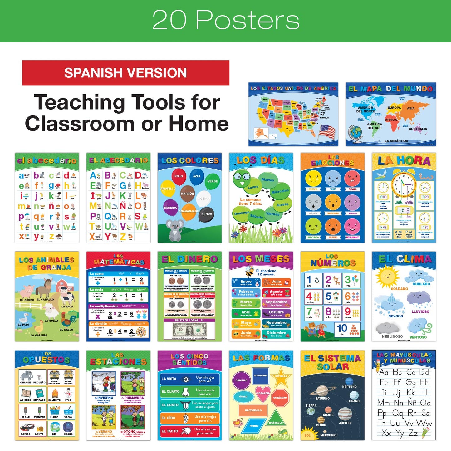 Global Printed Products, 20 Extra Large Educational Poster For Kids (24x17 Double Sided English/Spanish) Alphabet Color Letter Numbers Shapes Months Days Weather Time Animals Solar System Seasons Map