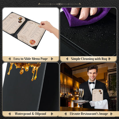 FLKQC Restaurant Menu Covers Holders 8.5 X 11, 10 Pack Synthetic Leather Menu Holder Covers Book Style with Angled Corners Black for Wine List, Certificate Organizer Diploma Holder (2 Page 2 View)