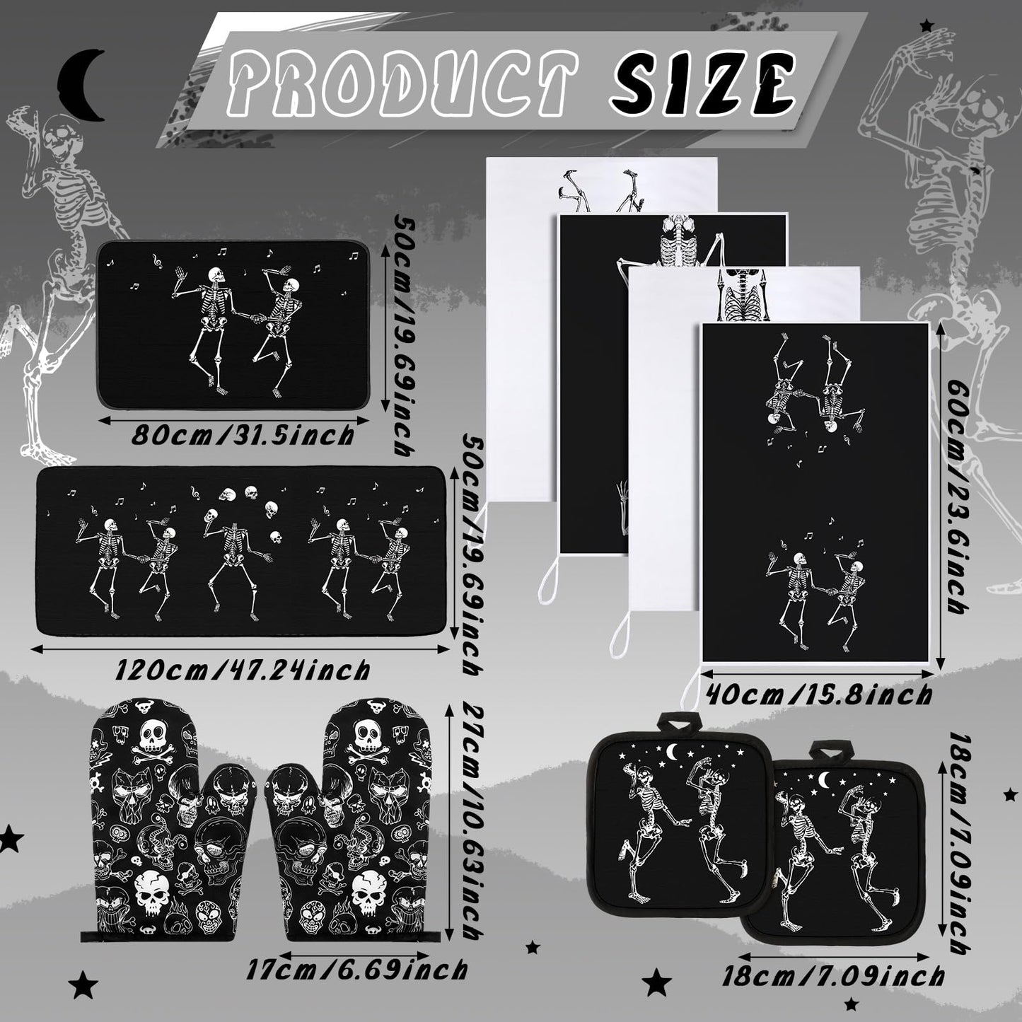 Fourluoo 10 Pcs Skeleton Kitchen Set Kitchen Towels and Rugs Oven Mitts and Pot Holders Gothic Decor and Accessories for Gift Cooking Baking Grilling