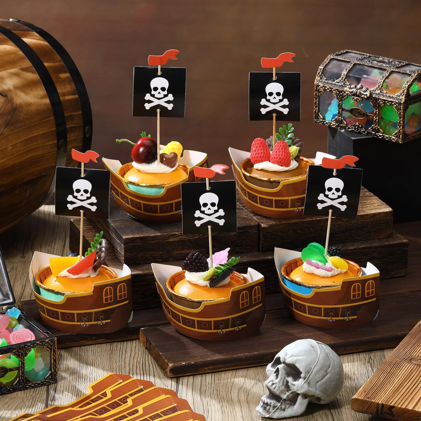 Vesici 72 Pcs Pirate Ship Cupcake Toppers Skull Cap Cupcake Picks Pirate Halloween Party Decorations for Birthday Party Cake Decorations Supplies
