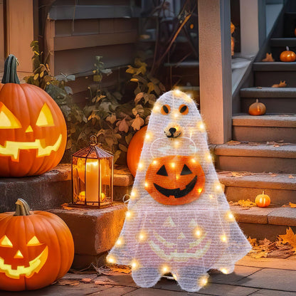 Retisee Lighted Halloween Ghost Dog Puppy with Pumpkin Outdoor Decoration Pre-lit 2D Tinsel Spooky Ghost Dog Halloween Lighted-up Party Courtyard Porch Garden Lawn Display Decor, Not Include Battery