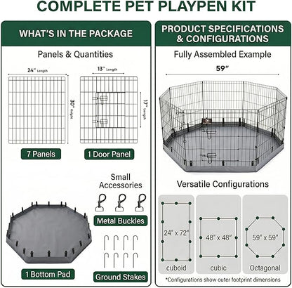 PJYuCien Dog Playpen with Bottom Pad - Metal Foldable Exercise Pen, 8 Panels 30" H x 24" W Indoor Outdoor Pet Fence Puppy Crate Kennel, Gray