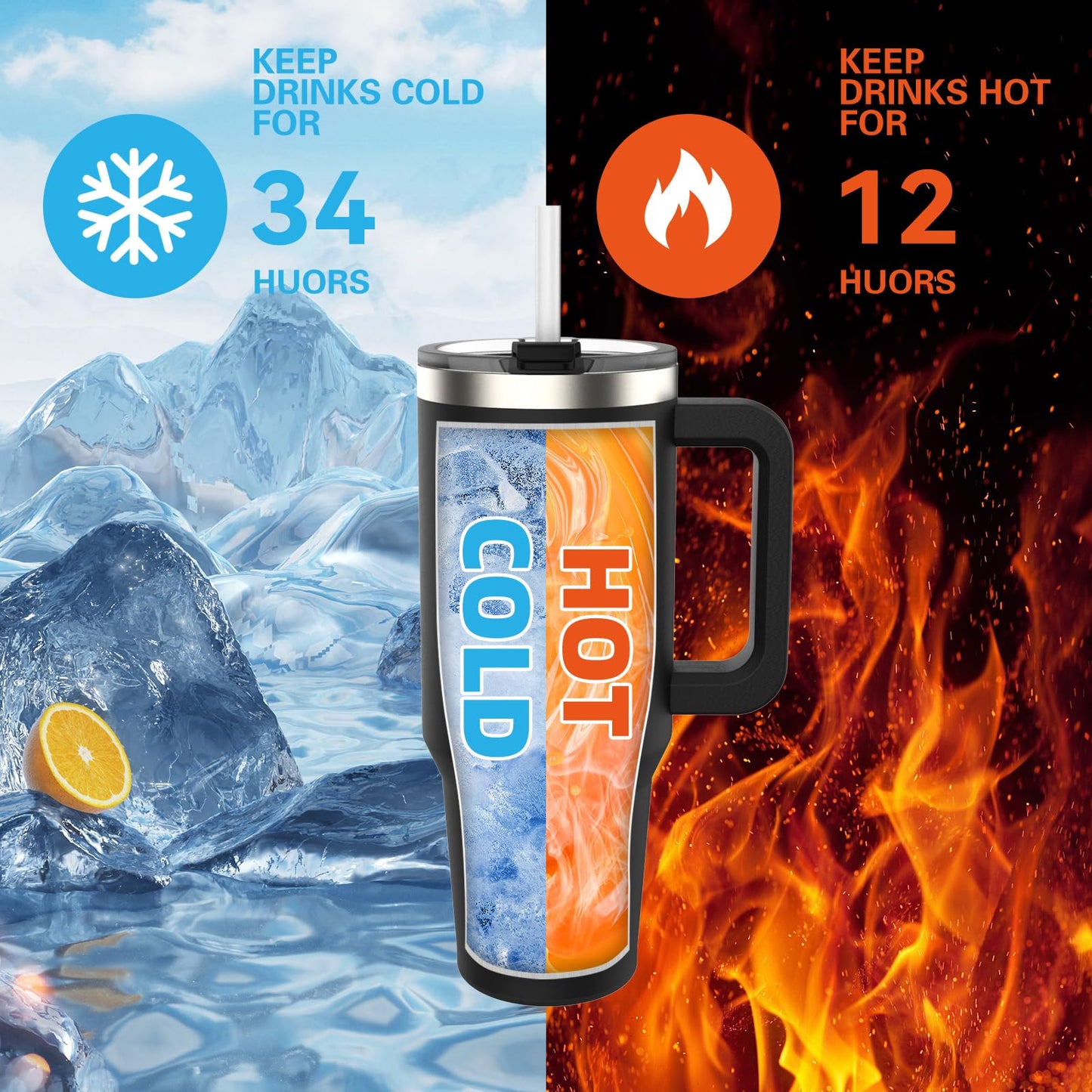 40 oz Tumbler with Handle,Tumbler with Lid and Straw,Double Wall Insulated Cup Stainless Steel Travel Mug(Cold for 34 Hours),Water Bottle for Iced Tea,Coffee,Cold Beverages(Black)