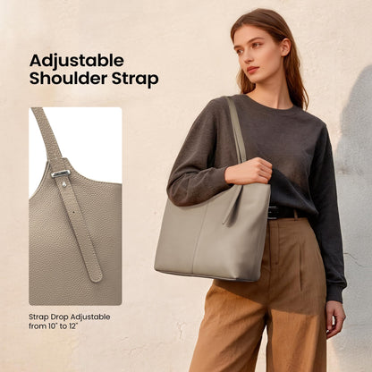 befen Genuine Leather Tote Bags for Women Work, Real Brown Leather Shoulder Handbags Zippered Satchel Purses with Adjustable Strap for Casual Shopping Travel Taupe