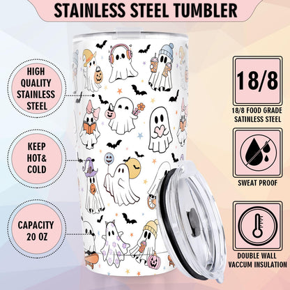 Whaline Halloween Ghost Tumbler 20oz Stainless Steel Travel Tumbler with Lid Straw Brush Cute Ghost Bat Coffee Mug Cup Halloween Boo Spooky Gifts for Women Travel Birthday Horror Gift