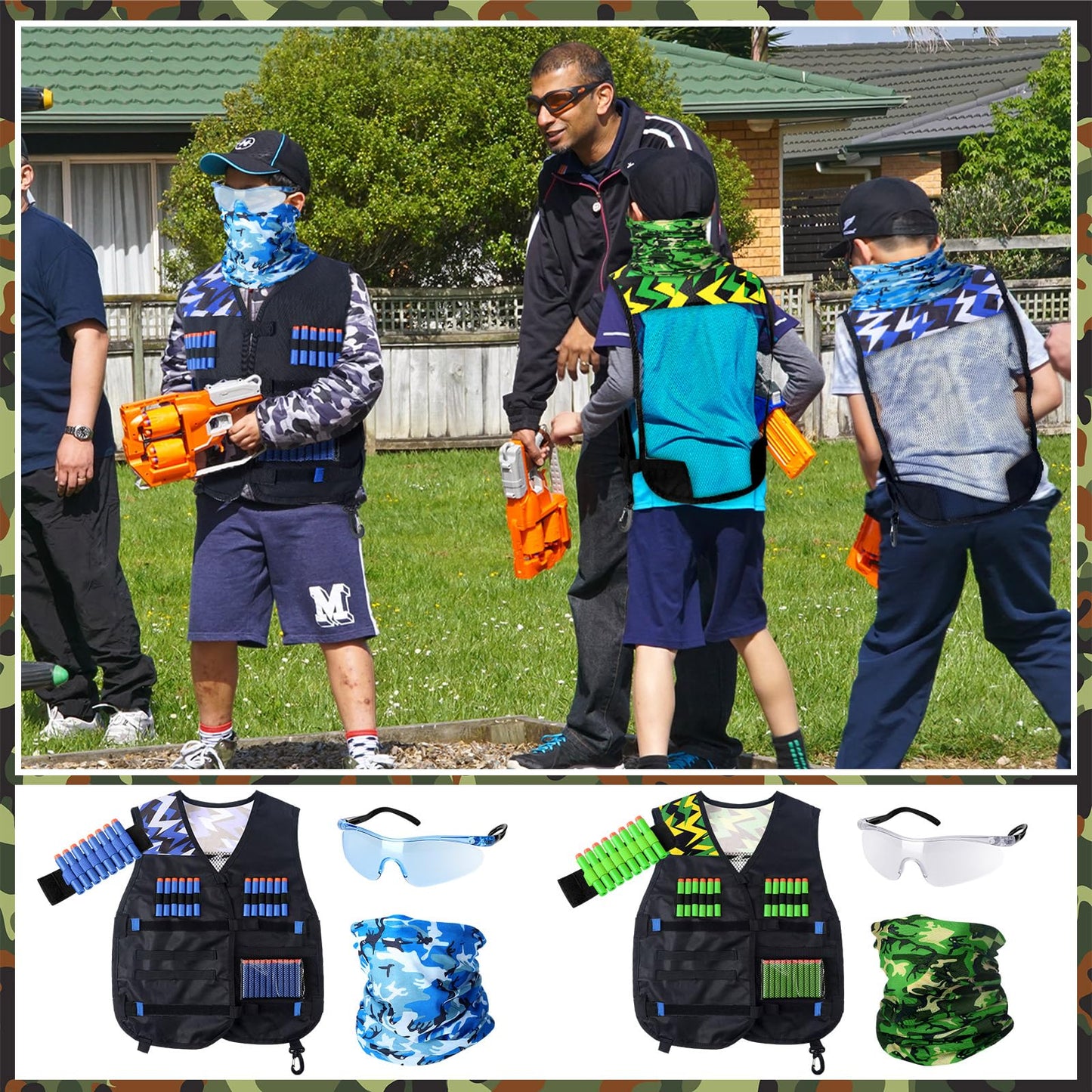 Sosation 8 Sets Kids Tactical Vest Compatible with Nerf Party Favor Accessories, Face Mask Wrist Ammo Holder Toy Gift Supplies Boys (Green and Blue)