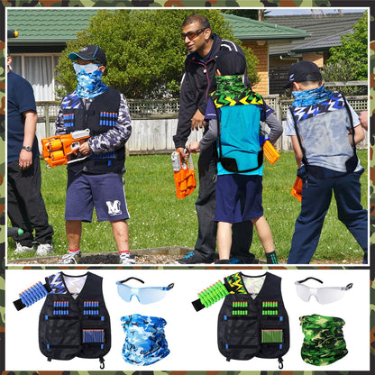 Sosation 8 Sets Kids Tactical Vest Compatible with Nerf Party Favor Accessories, Face Mask Wrist Ammo Holder Toy Gift Supplies Boys (Green and Blue)