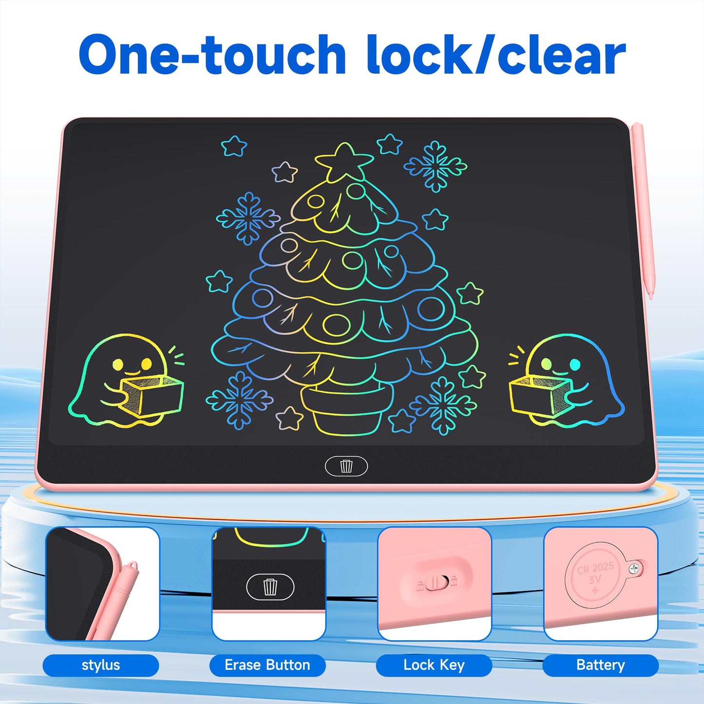16 Inch LCD Writing Tablet for Kids 2 Pack, Large Drawing Board Doodle Pad, Colorful Screen Erasable Sketch Tablet, Travel Toys and Reusable Learning Gift for Boys Girls（Pink & Black