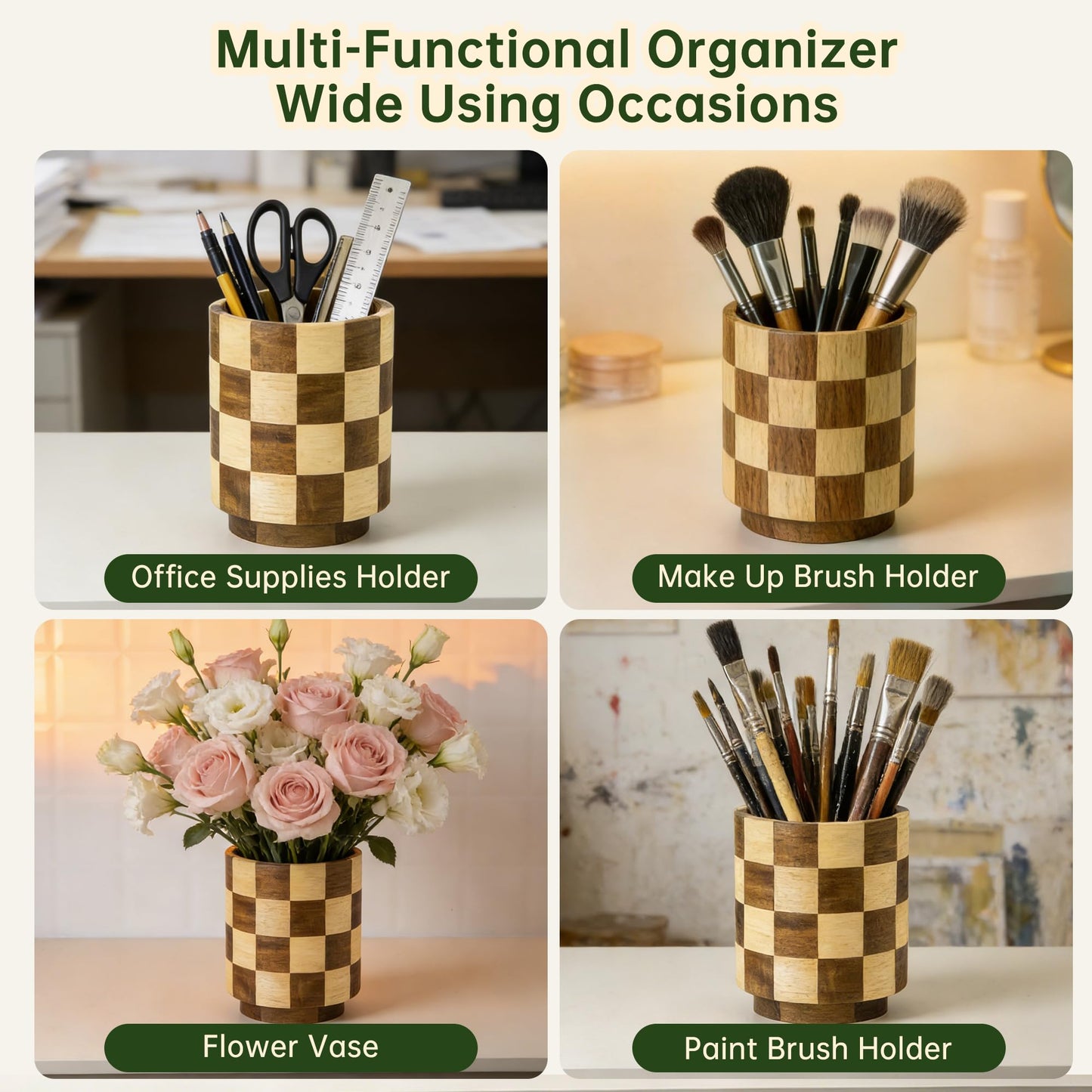 Fyctio Wooden Utensil Holder, 360° Rotating Acacia Wood Kitchen Utensil Holder for Countertop, 7.2" Non-Slip Large Utensil Holder for Kitchen, Farmhouse Countertop Decor, Spatula Holders, Checkered
