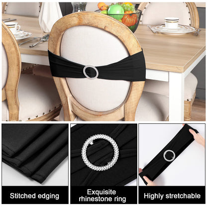 Tudomro 80 Pcs Spandex Chair Sashes, Stretch Ties Bows with Buckle Slider Elastic Bows Chair Cover Bands for Wedding Party Universal Reception Ceremony Banquet Decoration(Black)