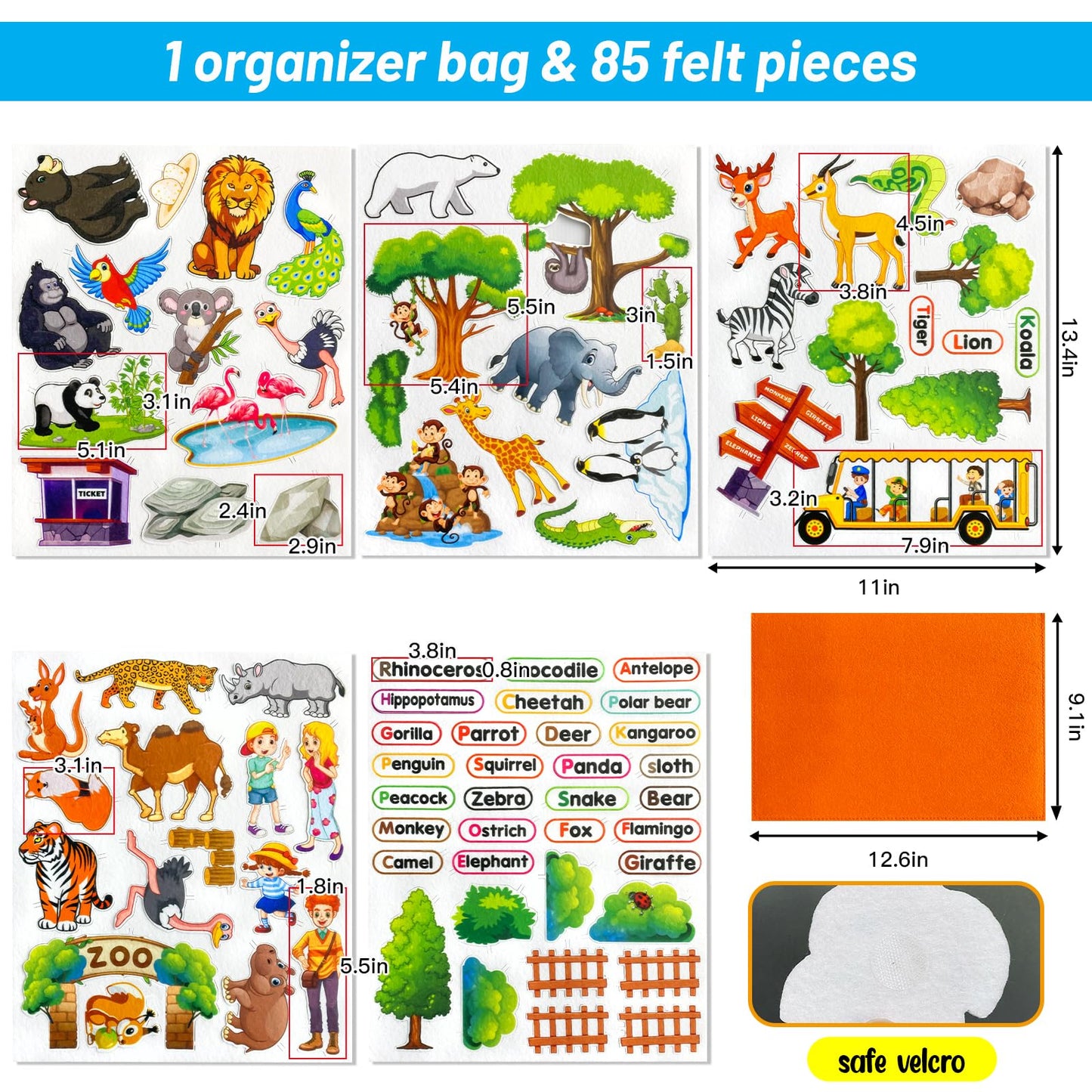PENGFULL Felt Flannel Board Story Pieces for Toddlers Preschool，Kids Interactive Storytelling Teaching Play Kits for Flannel Board or Felt Board，with Words Felt Pieces（Zoo