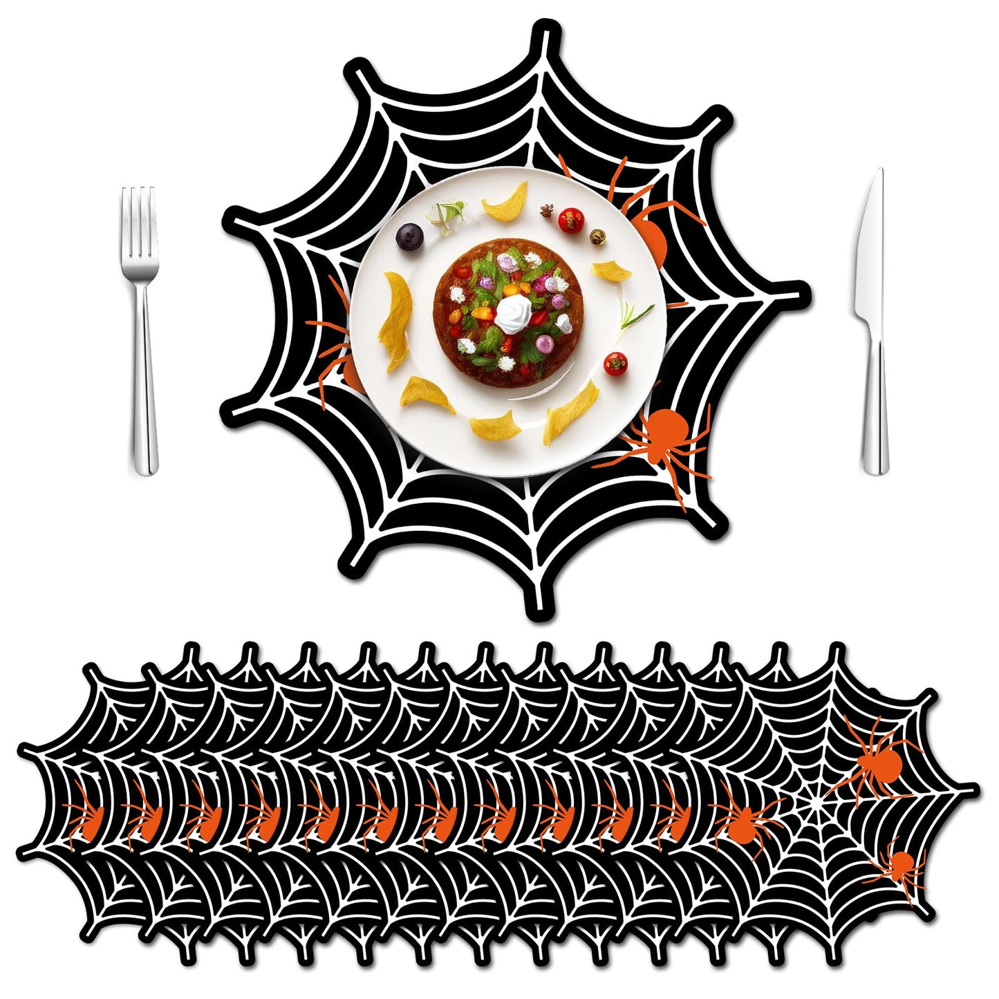 JarThenaAMCS 50Pcs Halloween Paper Placemats Spider Web Dining Table Mats White Black Disposable Place Mats for Home Kitchen Restaurant Trick or Treat Party Decor, 13.4 in