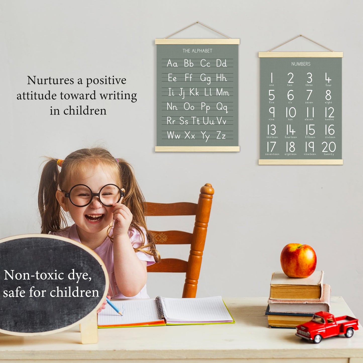 Numbers Alphabet Poster for Toddlers,Educational Wall Chart for Nursery Kids Learning, Homeschool & Playroom Decor and Bedroom for Wooden Hanger Frame Set of 2, 12x18 Inch - A02