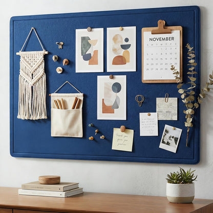 AKTOP Bulletin Board, 24" x 16" Foldable Felt Notice Pin Board for Wall, Decorative CorkBoard Photo Display Board with Self-Adhesive Tape, Vision Board Cork Board Alternative with 25 Pushpins - Blue