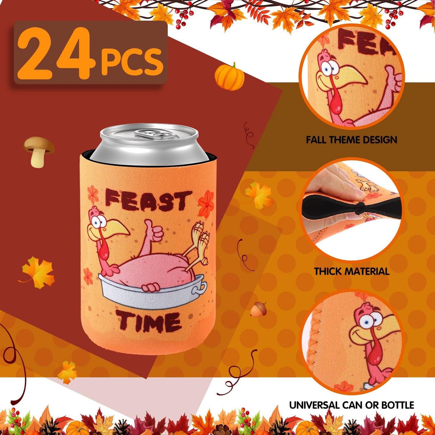 Remerry 24 Pcs Thanksgiving Can Cooler Sleeves 12 oz Funny Can Sleeves Turkey Pumpkin Neoprene Insulated Beer Can Bottle Sleeves for Happy Thanksgiving Happy Turkey Day Party Favors Supplies