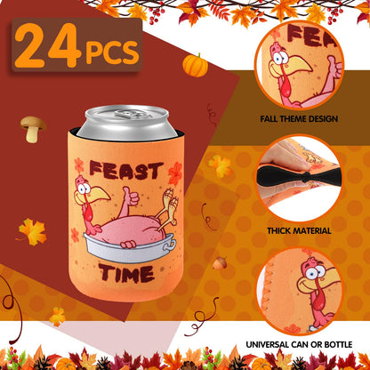 Remerry 24 Pcs Thanksgiving Can Cooler Sleeves 12 oz Funny Can Sleeves Turkey Pumpkin Neoprene Insulated Beer Can Bottle Sleeves for Happy Thanksgiving Happy Turkey Day Party Favors Supplies