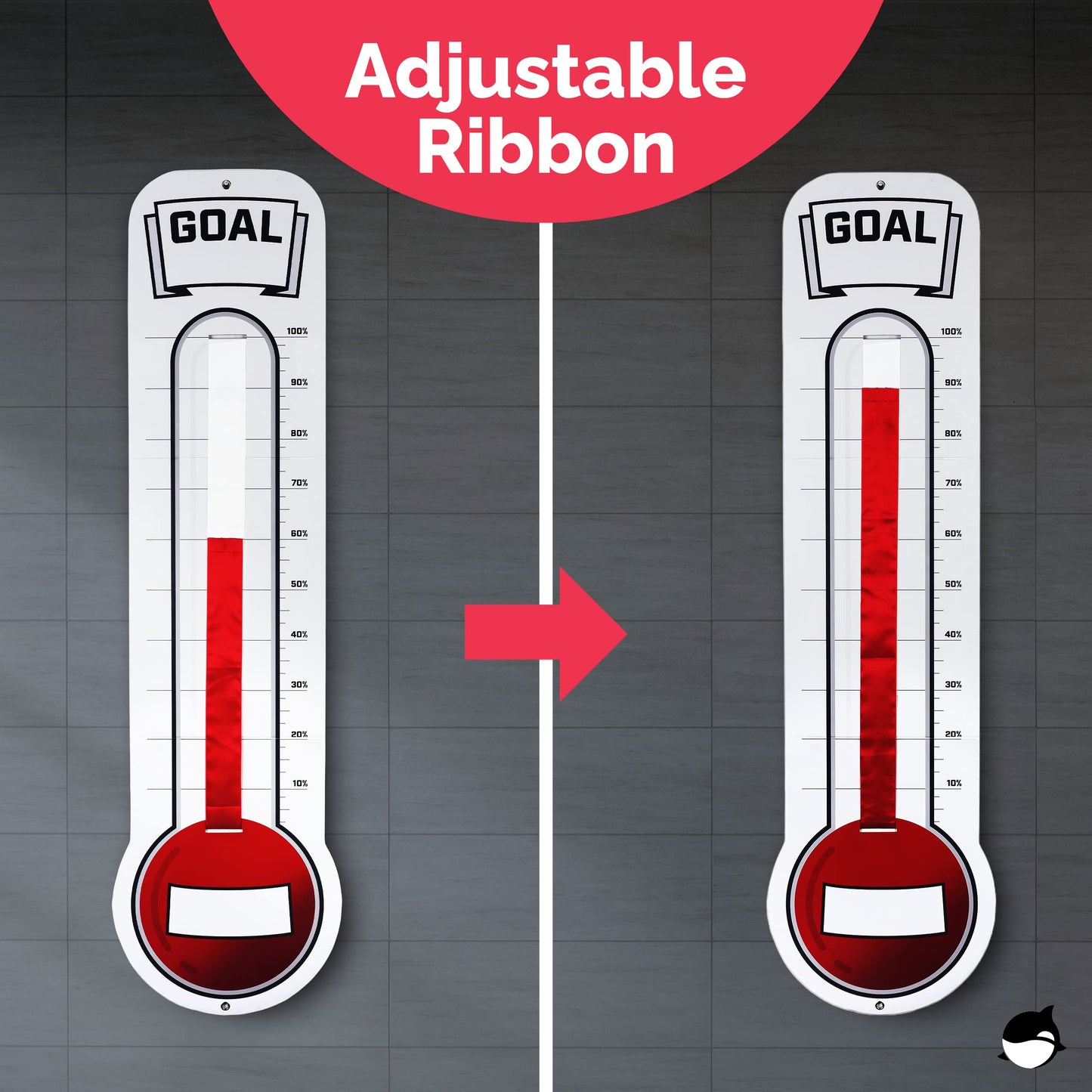 Fundraising Thermometer Chart Goal Tracker | Dry Erase Goal Setting Wall Mounted Thermometer | Giant Sales Goal Board with Pull-Through Ribbon Progress Tracker (46” x 12”) by ORCA