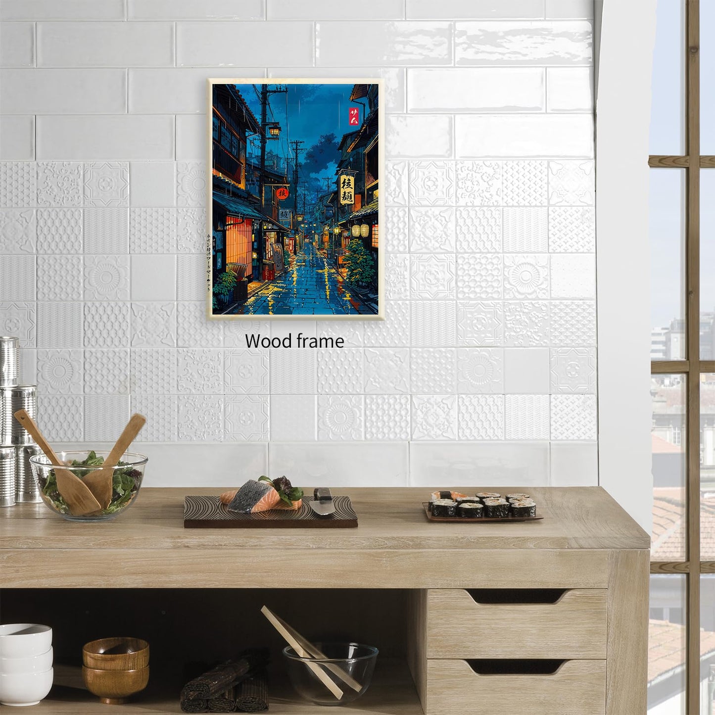 Japanese Tokyo Tea House Framed Canvas Wall Art Japanese City Street Cafe Scene Picture Print Modern Ukiyo-e Decor Poster for Japanese Home Bedroom Decorations Artwork12x16in