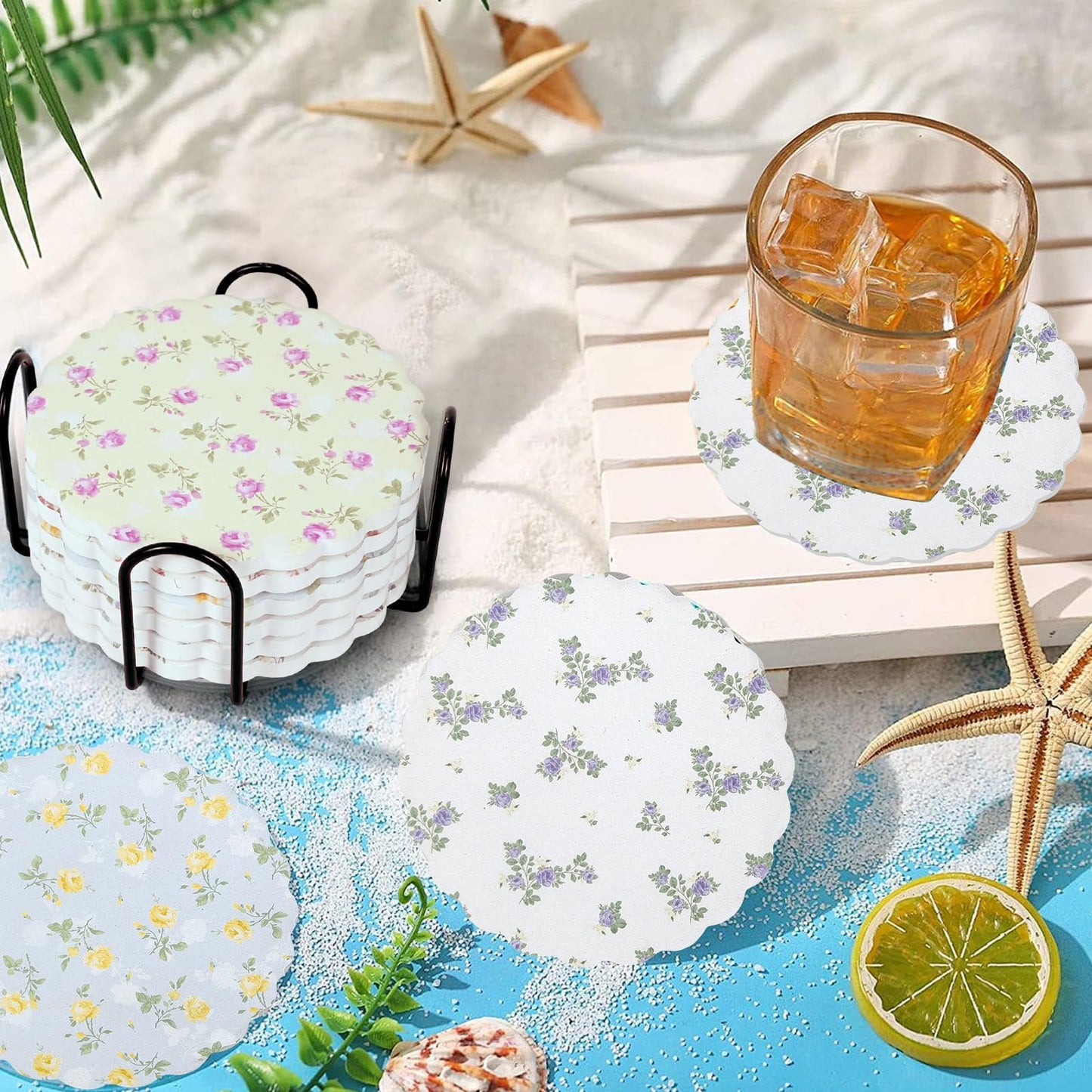 Stranthother 6 Pcs Scalloped Floral Ceramic Coasters with Holder,Round Cute Wildflower Coaster with Cork Base,Funny Decorative Absorbent Drinks Coasters,Coffee Table Decor Housewarming Gifts,4 Inch