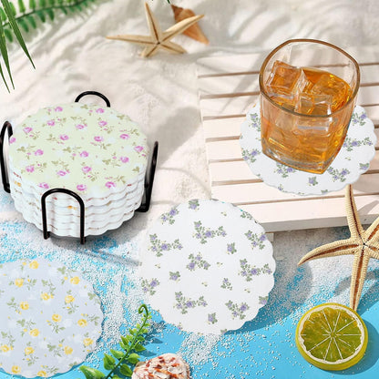 Stranthother 6 Pcs Scalloped Floral Ceramic Coasters with Holder,Round Cute Wildflower Coaster with Cork Base,Funny Decorative Absorbent Drinks Coasters,Coffee Table Decor Housewarming Gifts,4 Inch