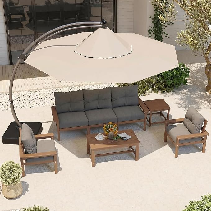 HDPE Outdoor Patio Furniture Set, 6-Piece Patio Conversation Sets with Coffee Table & Side Table & Grey Washable Thick Cushions, Outdoor Sofa for Balcony, Porch, Poolside (Teak Frame)