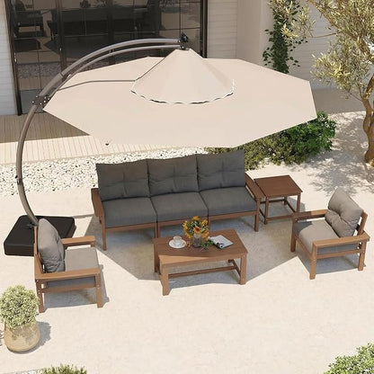 HDPE Outdoor Patio Furniture Set, 6-Piece Patio Conversation Sets with Coffee Table & Side Table & Grey Washable Thick Cushions, Outdoor Sofa for Balcony, Porch, Poolside (Teak Frame)