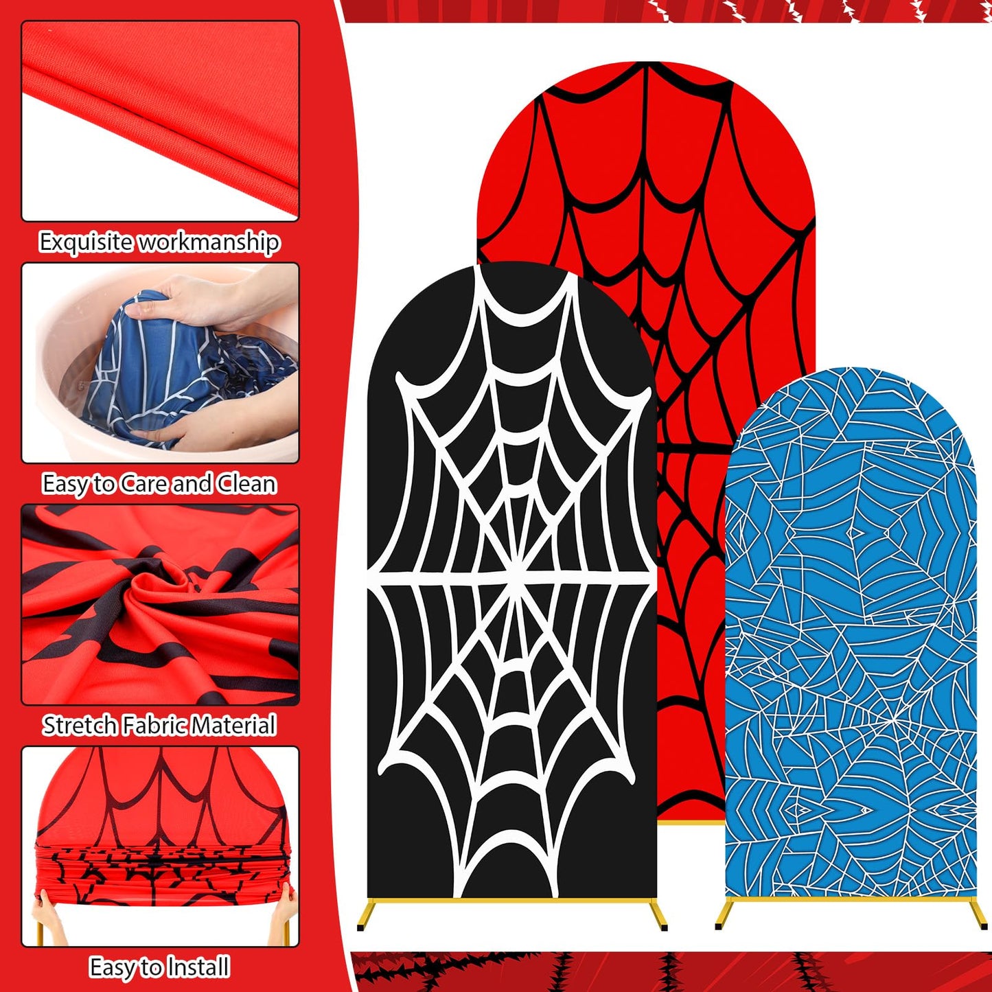 Tingjoo 3 Pcs Spider Web Arch Backdrop Cover Set 4Ft 5Ft 6Ft Spider Birthday Party Decorations Polyester Arch Stand Cover for Photo Props Cosplay Wedding Baby Shower Backdrop Decor