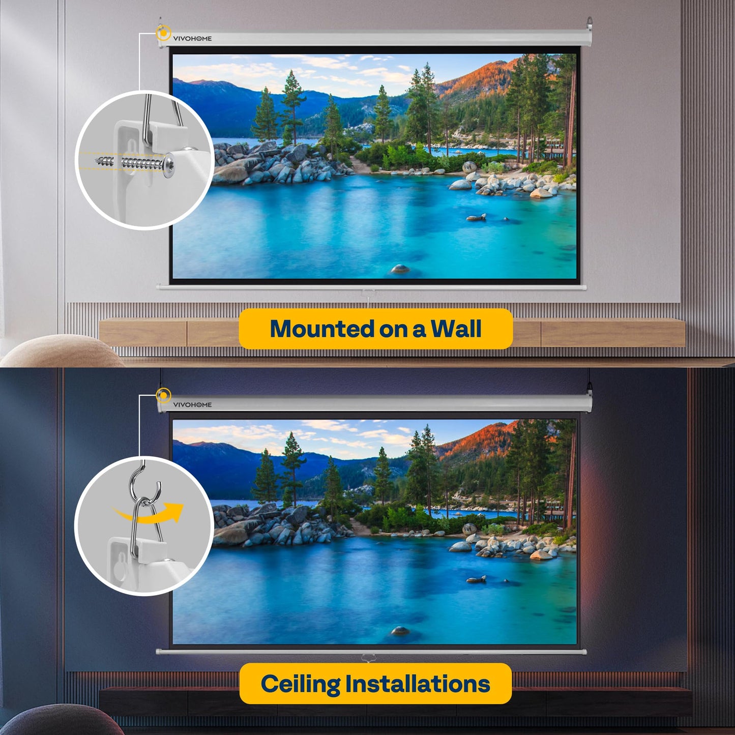 VIVOHOME Projector Screen Pull Down, 16:9 80 Inch Retractable Projection Screen, HD 4K Manual Pull Movie Screen for Home Theater, Cinema, Office (70x40 Inch White)