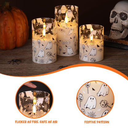 Girimax Glass Flameless Pillar Candles with Remote, Halloween Flickering LED Wax Candles Battery Powered Set of 3