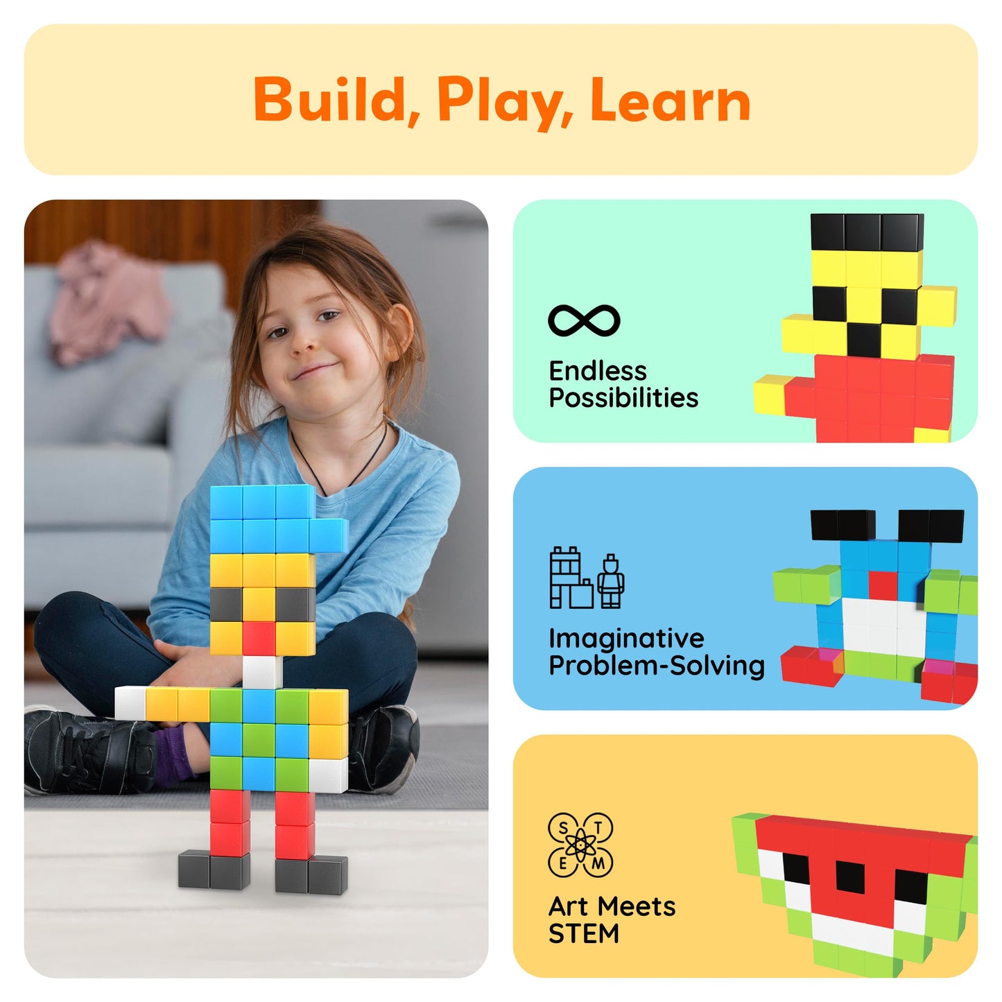 PicassoTiles 60pc Magnetic Puzzle Cube Building Set 1 Inch 3D Blocks STEM Construction Toy for Toddlers Kids Boys Girls Age 3+ Montessori Learning Travel Sensory Gift with Educational Idea Book PMC60