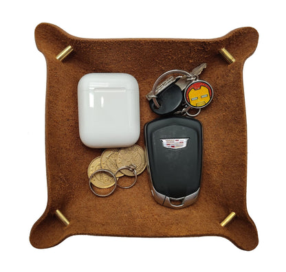 WOBACWVO Leather Valet Tray Entryway Catchcall Tray Nightstand Organizer Storage for Wallets Watches Keys Holder Dish Bowl Coins Office Desk Accessory (Cinnamon-Crazy Horse Leather).